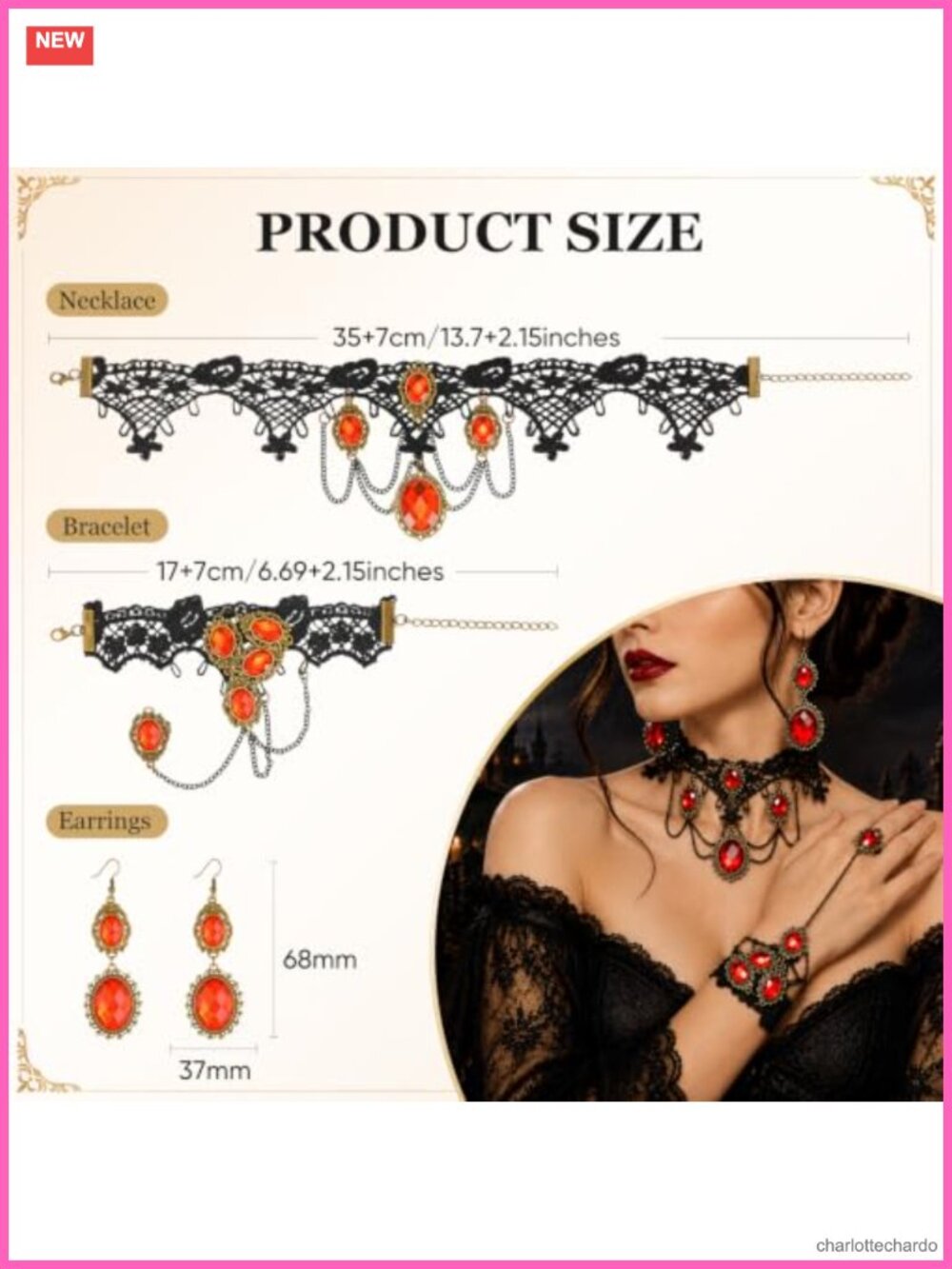 Gothic Lace Choker Necklace Earrings Bracelet Jewelry Set Women - Picture 3 of 5